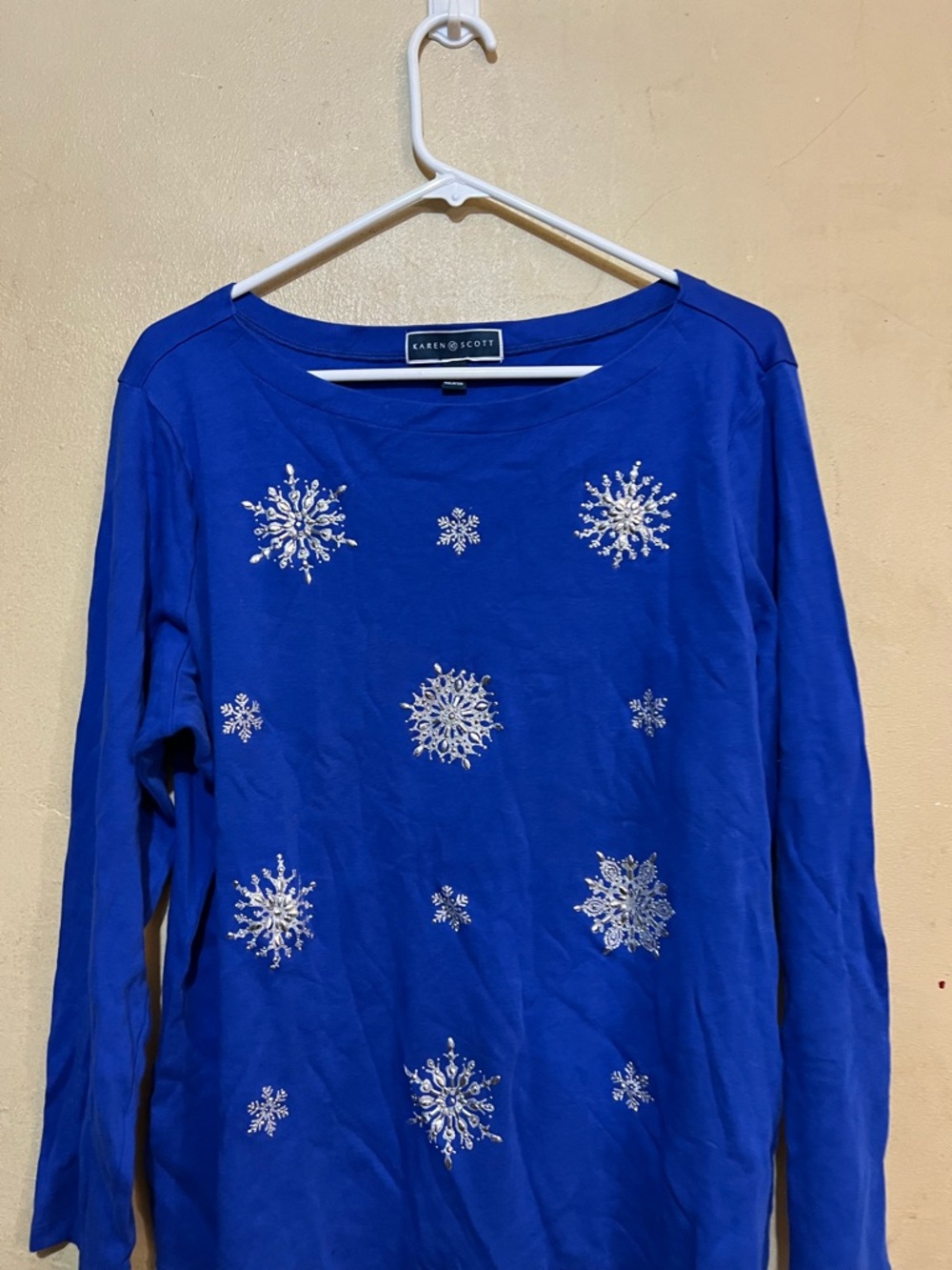 Karen Scott Royal Blue Long-Sleeve Snowflake Embellished Top